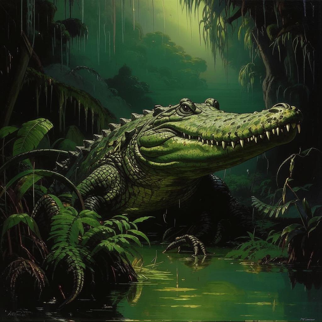 Гигантский крокодил махамба в мутной реке Конго, окружённый густыми джунглями. Создано ИИ.