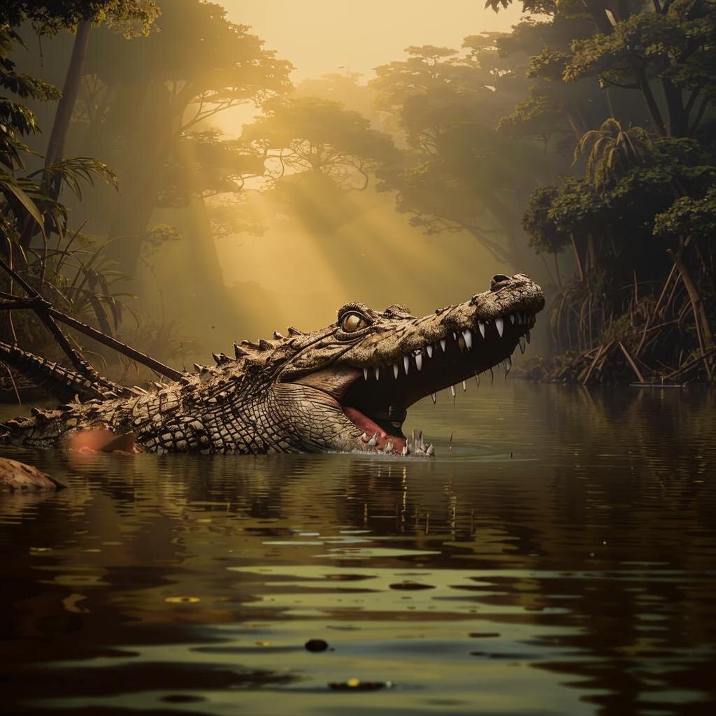 Гигантский крокодил махамба в мутной реке Конго, окружённый густыми джунглями. Создано ИИ.