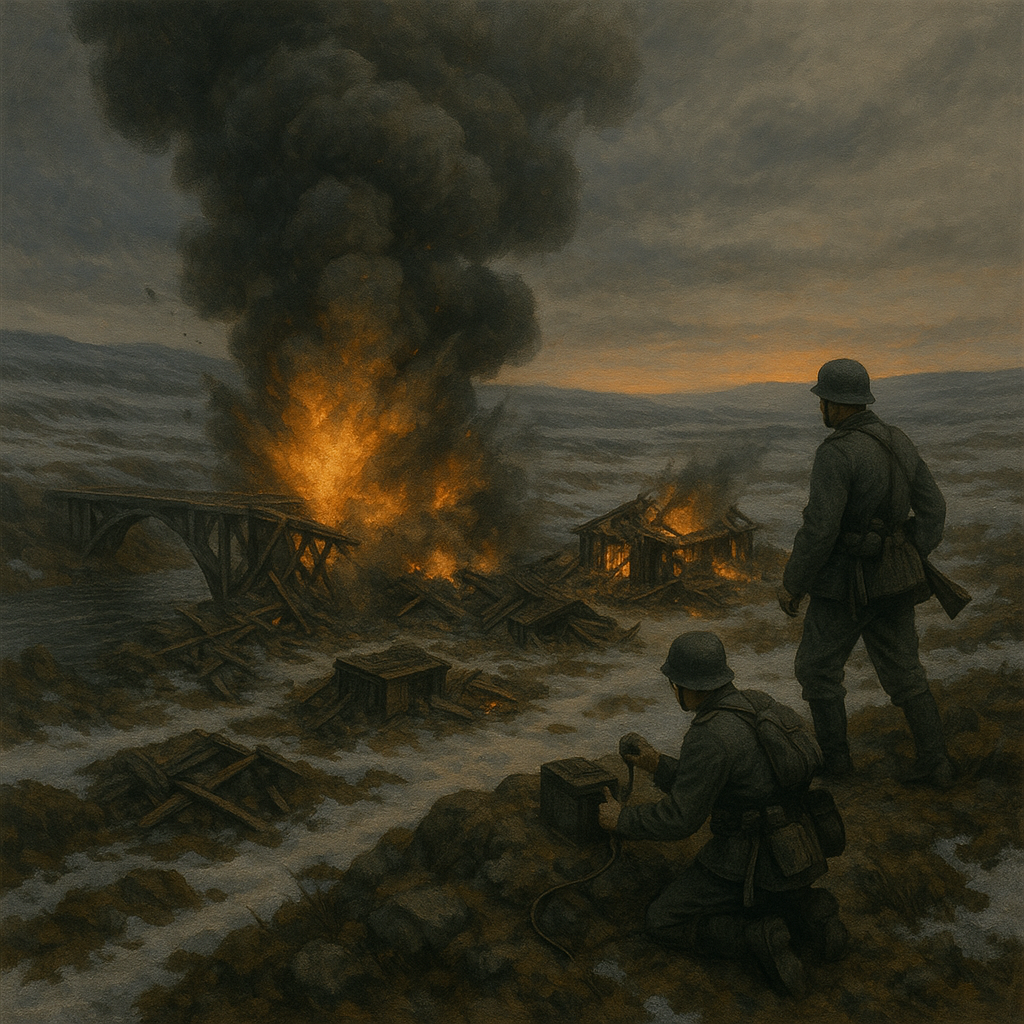 Немецкие солдаты подорвали мост. Иллюстрация автора.