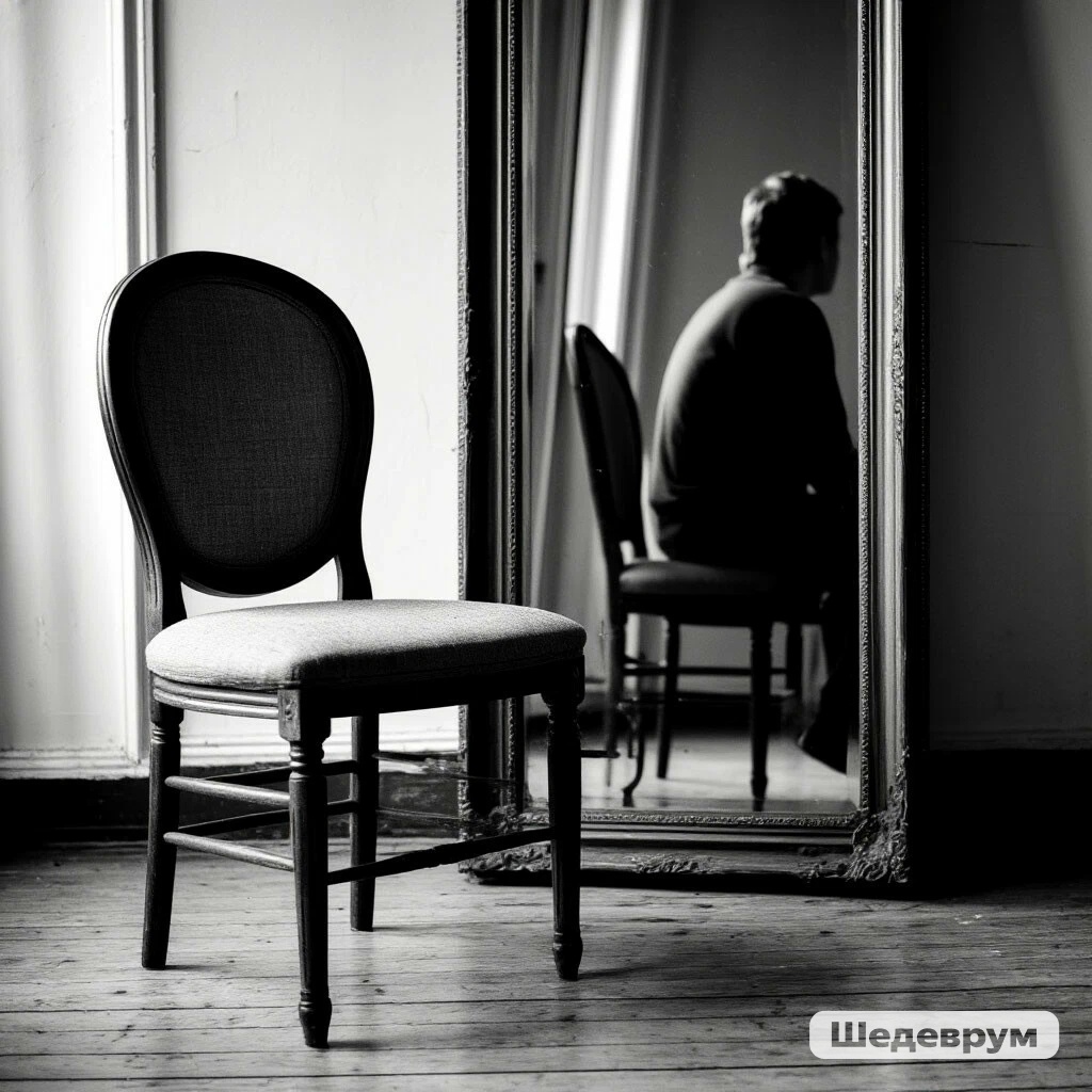 Чёрно-белое фото **пустого стула** перед зеркалом (в отражении — кто-то сидит)