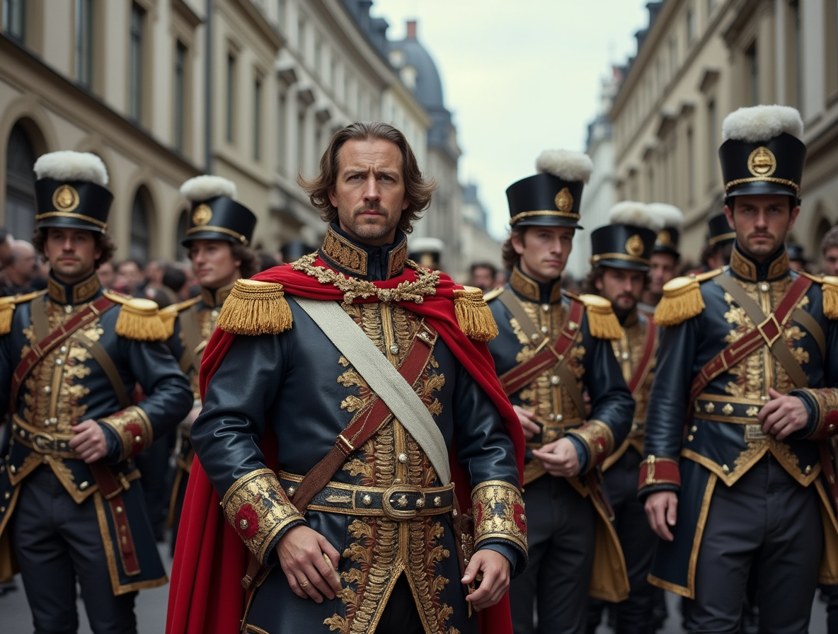 "Петр 1 и его высокие гвардейцы" — Иллюстрация хитрого решения Петра: царь в окружении специально подобранных высоченных гвардейцев на европейской улице. В такой компании его рост уже не так бросается в глаза, а маленькая голова не так заметна. 