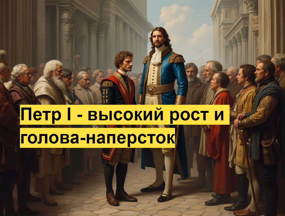 Царь среди обычных людей" — Визуальное сравнение роста Петра I (203 см) с обычными людьми его эпохи (165 см). Пётр возвышается над толпой придворных, а его маленькая голова особенно заметна на фоне внушительной фигуры. 