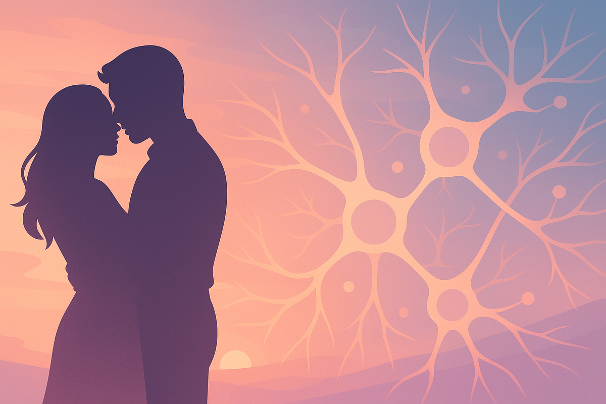 силуэты пары на закате и схема нейронных связей.