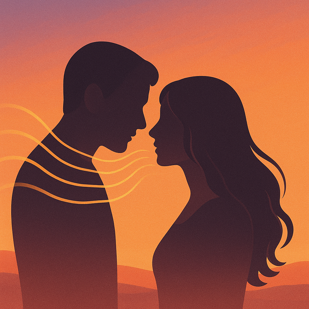  силуэты пары при закате и тонкие веерообразные волны, символизирующие феромоны.