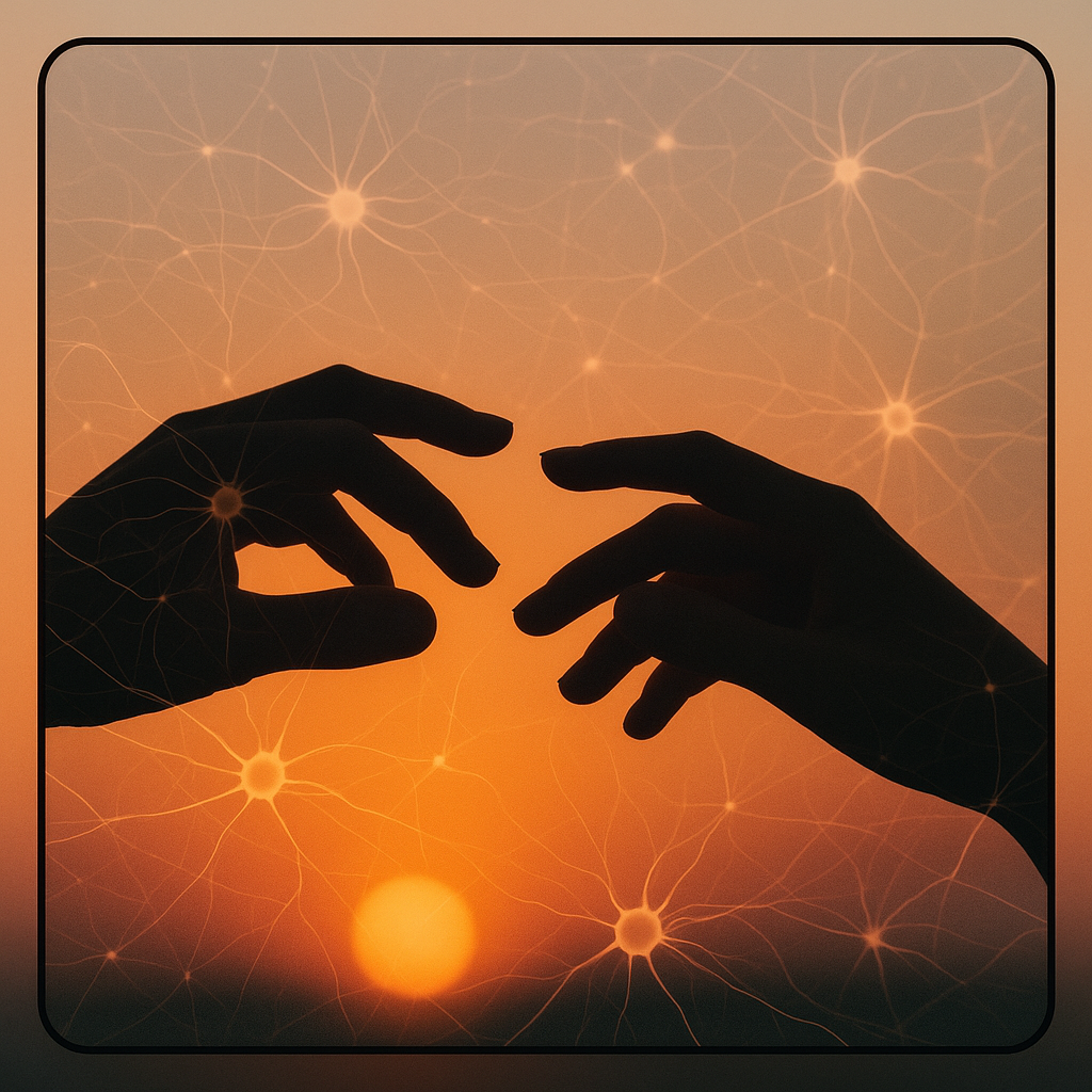 два силуэта рук на фоне заката и наложенные нейронные связи.
