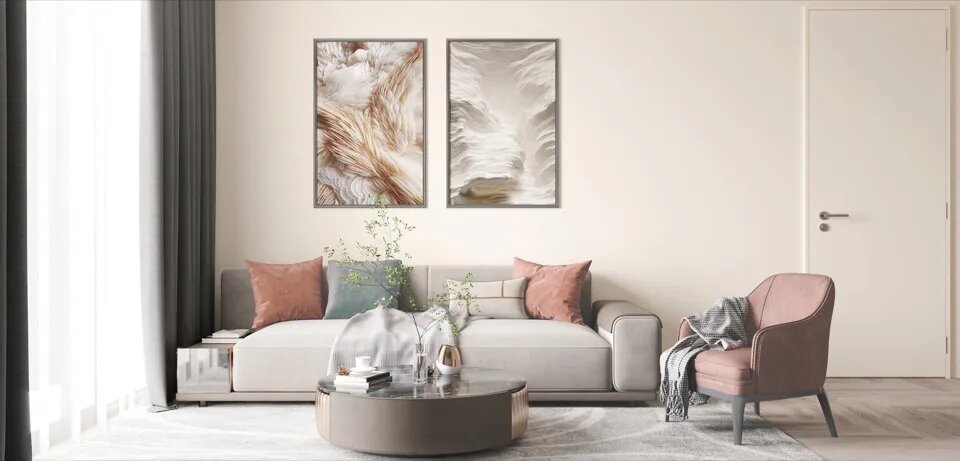 Гармония между нежным оттенком Vanilla (173-CB33) и пастельным дуэтом розового и голубого создает атмосферную идею интерьера гостиной. 