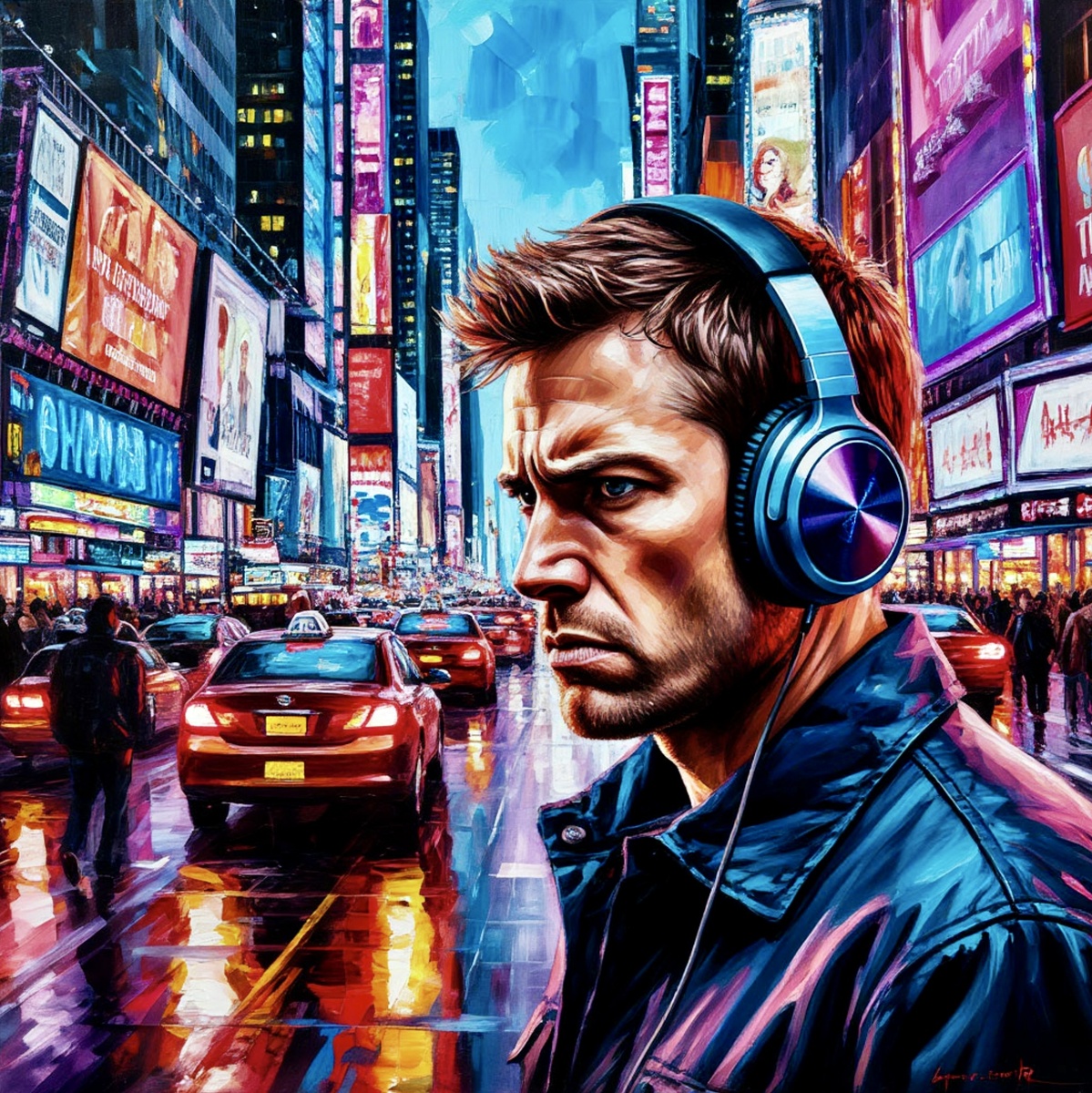 Городской шум и стресс. Человек в наушниках пытается изолироваться от хаоса мегаполиса