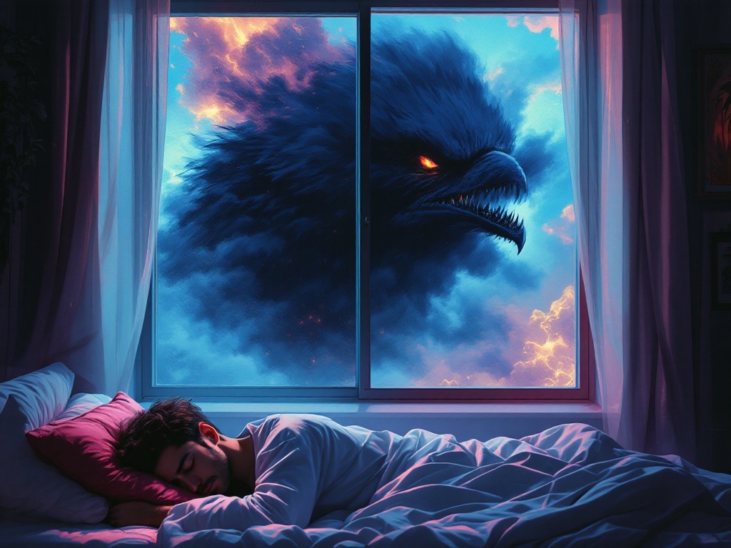    К чему такое снится: На картине изображено окно, из которого видна гигантская черная туча в форме головы хищной птицы, из которой выходит пар. В комнате виден мужчина с телефоном, которы
