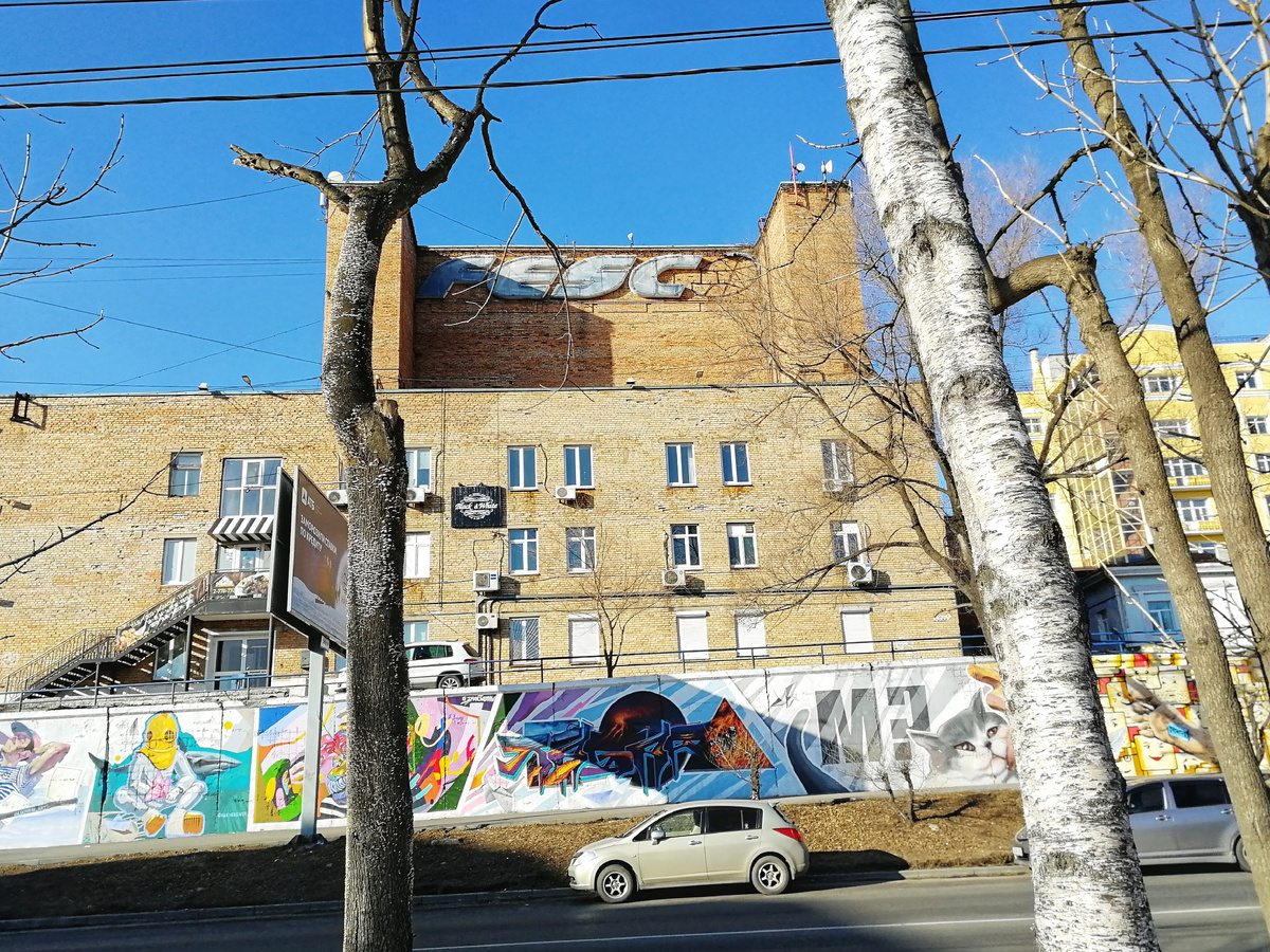 С виду обычные деревья в обычном месте. Но стоит присмотреться... (Фото сделано в декабре 2019 года. Нынче «пропавшая» буква на здании Феско-холла давно вернулась на своё место.) 