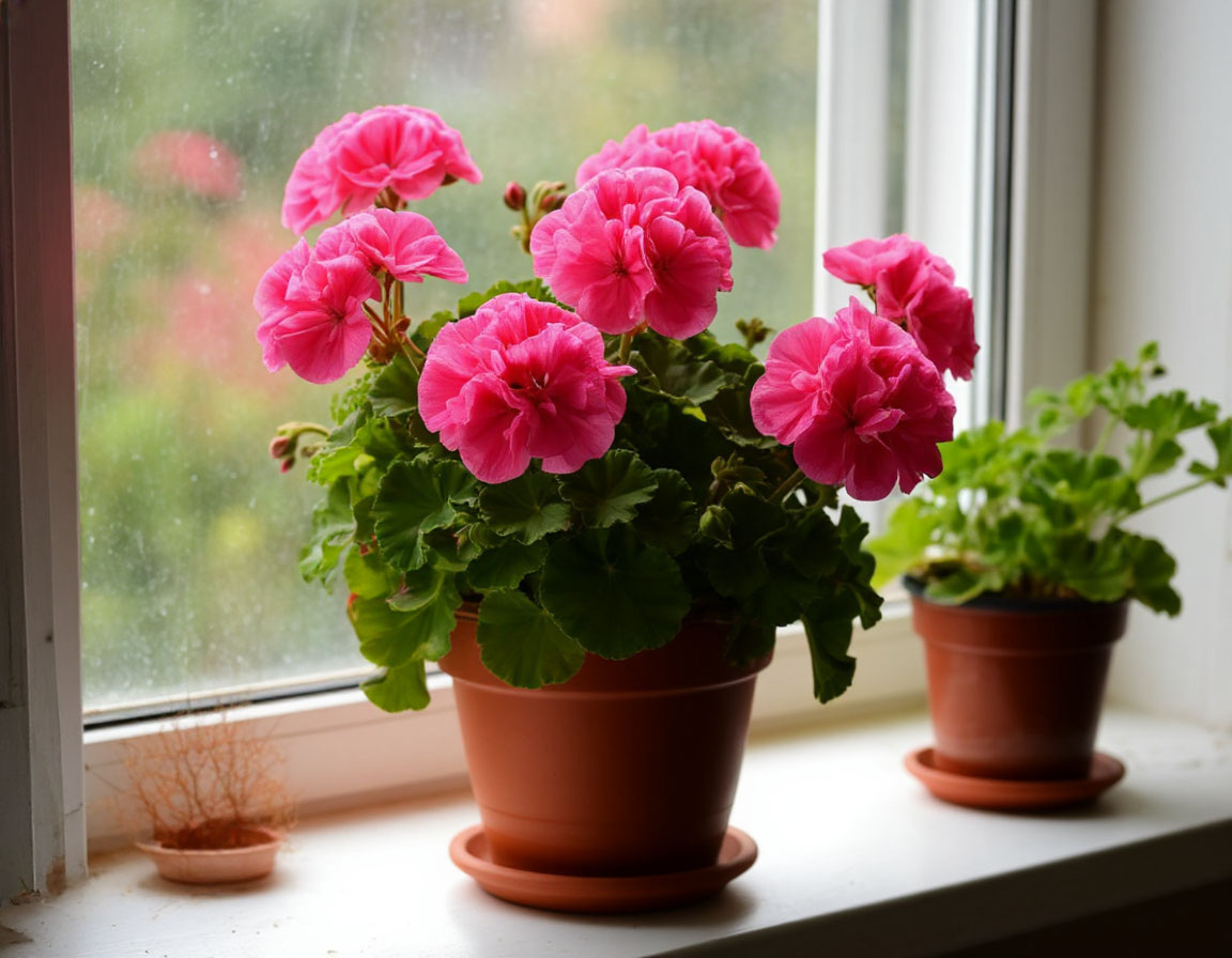 Цветущая герань на подоконнике 