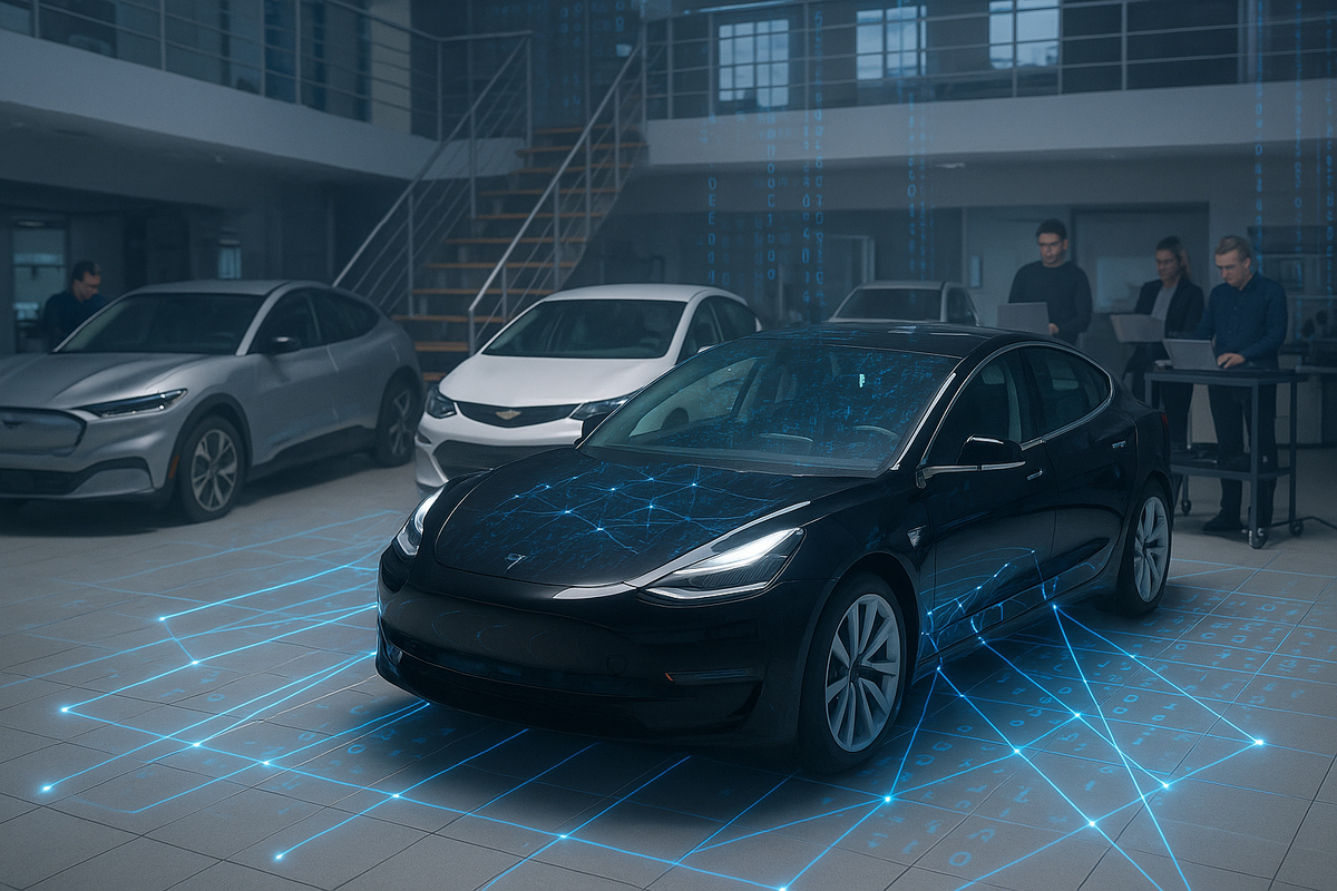 В высокотехнологичной лаборатории электрических автомобилей Tesla и прототипы конкурентов соединены виртуальными голубыми линиями кода, подчёркивая борьбу автоконцернов за лидерство в программно-определяемых машинах.