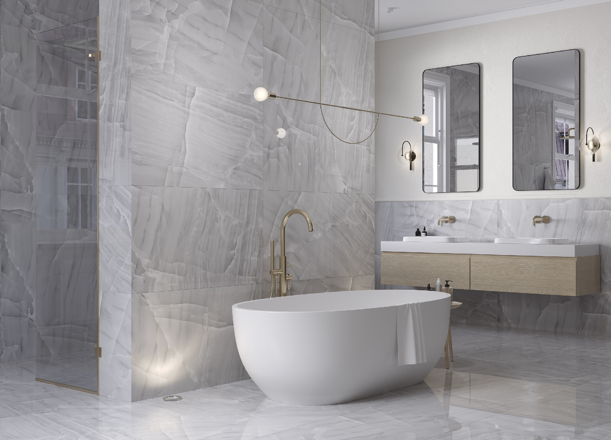 Интерьер ванной комнаты с керамогранитом Moroz I Solnce