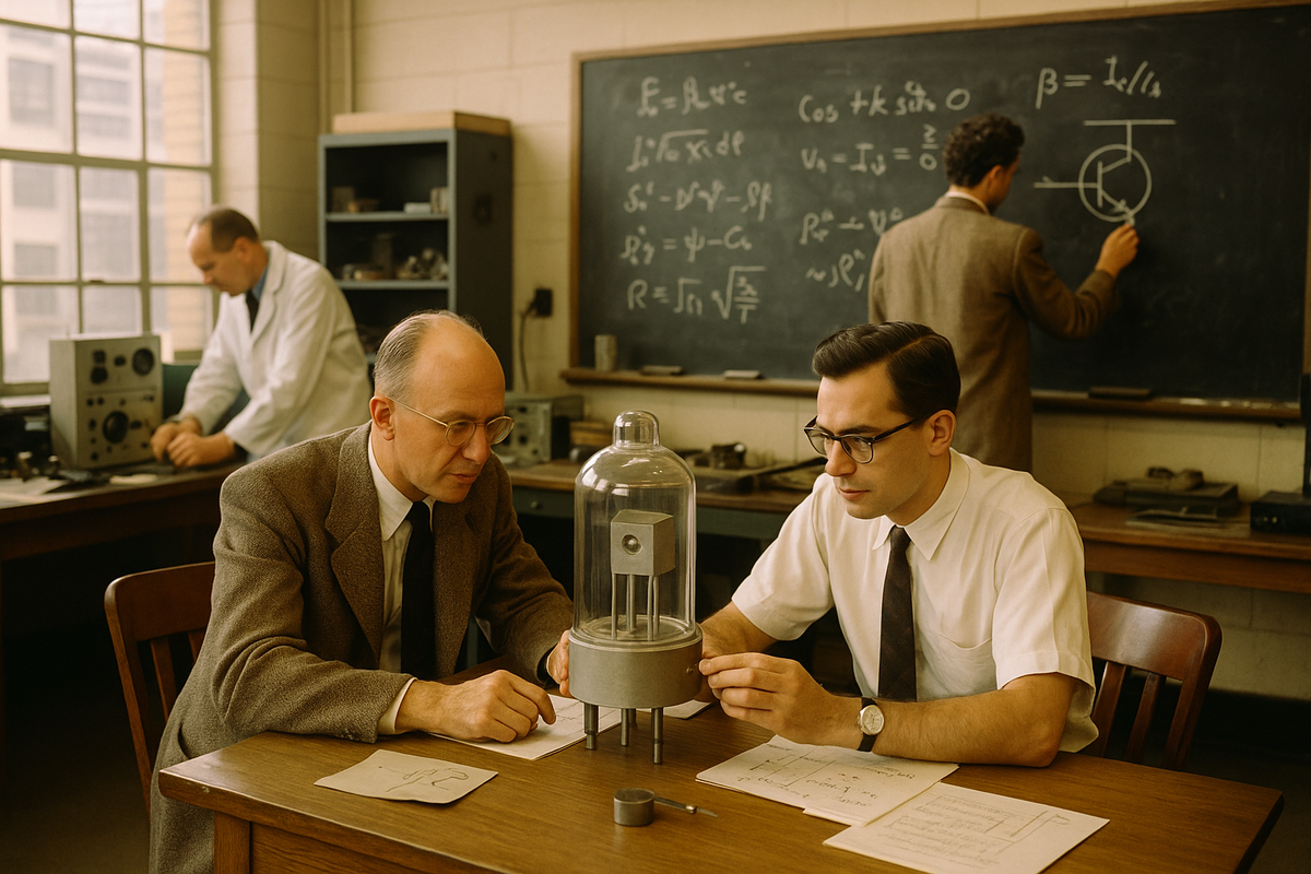 Лаборатория Bell Labs середины XX века: учёные в свободной атмосфере исследуют стеклянный прототип транзистора, а на фоне коллега выводит схему на классной доске, подчёркивая культуру автономии и инноваций.