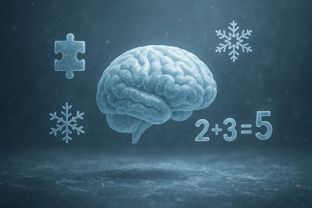 Полупрозрачный «мозг» из льда парит над промёрзшей поверхностью; вокруг него — снежинки, пазл-деталь и простое уравнение, подчёркивающие идею «абсолютного нуля» и самообучающегося разума, генерирующего свои собственные задачи.