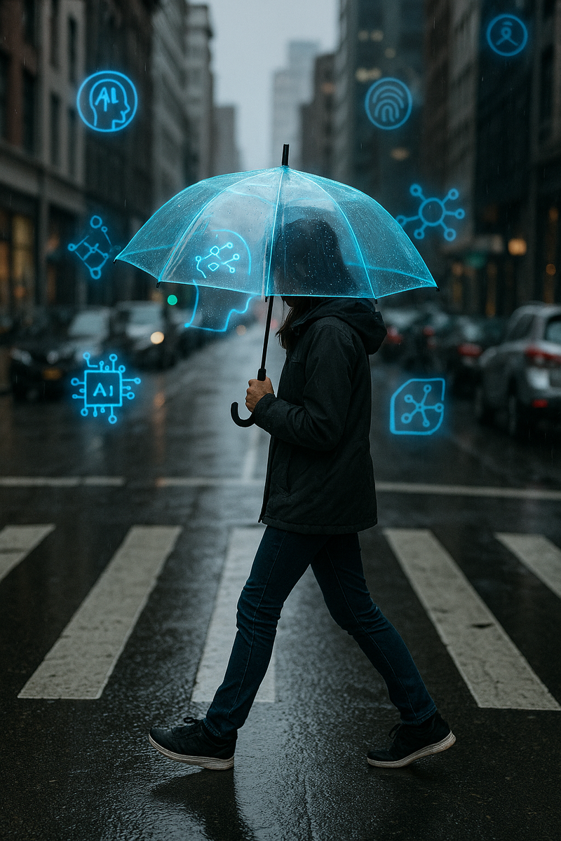 Девушка под прозрачным зонтом идёт по дождливому городу, отражённому струями воды; голубые голографические иконки ИИ сталкиваются с куполом, символизируя право человека «укрыться» и отказаться от навязчивых технологий.