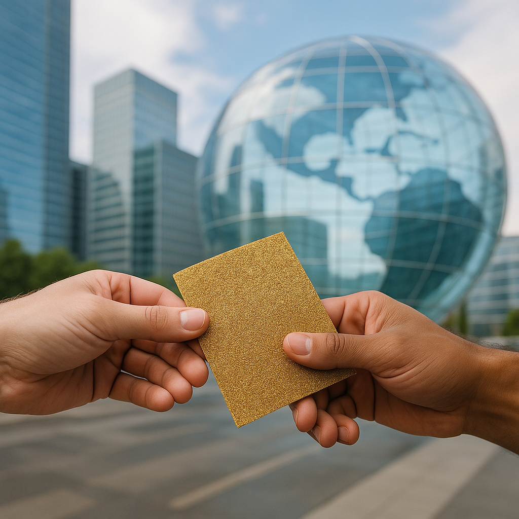 Две руки на фоне современного города передают друг другу золотой лист наждачной бумаги — «фрикционный» товар, превращённый в ценную валюту в мире, где всё остальное стало гладким и без трения.