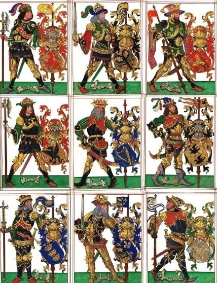 Девять достойных из португальского гербовника Жуана до Кро "Livro do Armeiro-mor", 1509 г. Вверху трое язычников, в среднем ряду три иудея, в нижнем - три христианина.