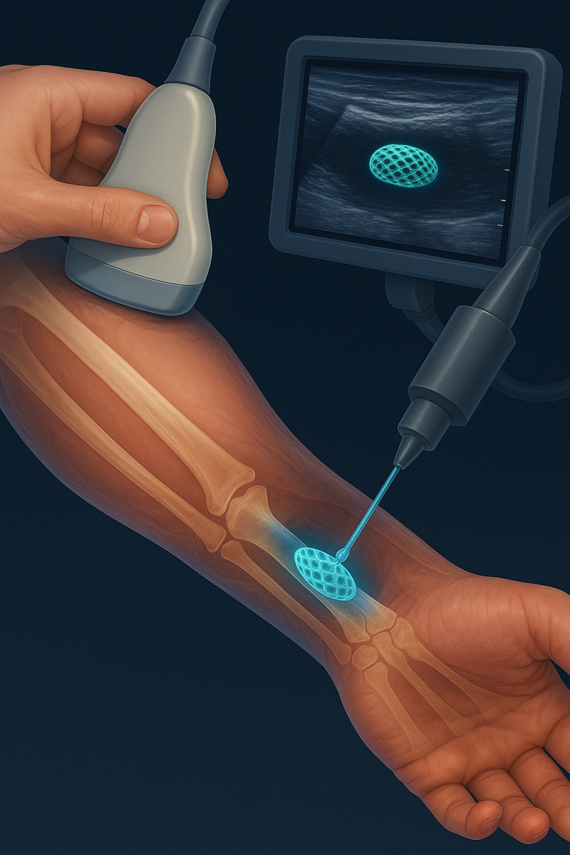 Полупрозрачная рука, сквозь которую видны кости, — ультразвуковой датчик на коже и тонкая «печатающая» игла создают светящийся 3D-имплантат прямо внутри ткани, иллюстрируя неинвазивную печать и доставку лекарства.
