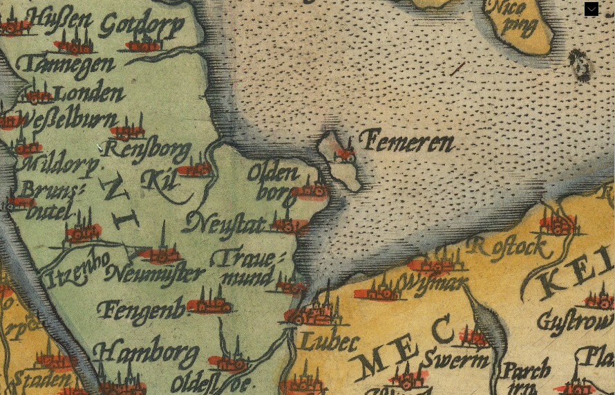 Ольденбург на цветном экземпляре карты Германской империи Ортелиуса из его «Theatrum Orbis Terrarum», первого современного атласа мира. Антверпен / 1584.