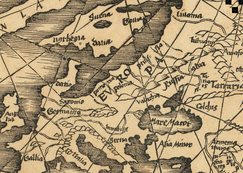 Галлия, Англия, Дания, Германия, Саксония, Померания, Готия, Норвегия, Suena (Швеция) и пр. страны на карте мира Мартина Вальдземюллера, самой ранней из доступных карт мира, опубликованной известным космографом XVI века Вальдземюллером. Она была включена в первую опубликованную коллекцию современных карт и стала частью влиятельного страсбургского издания «Географии» Птолемея 1513 года.