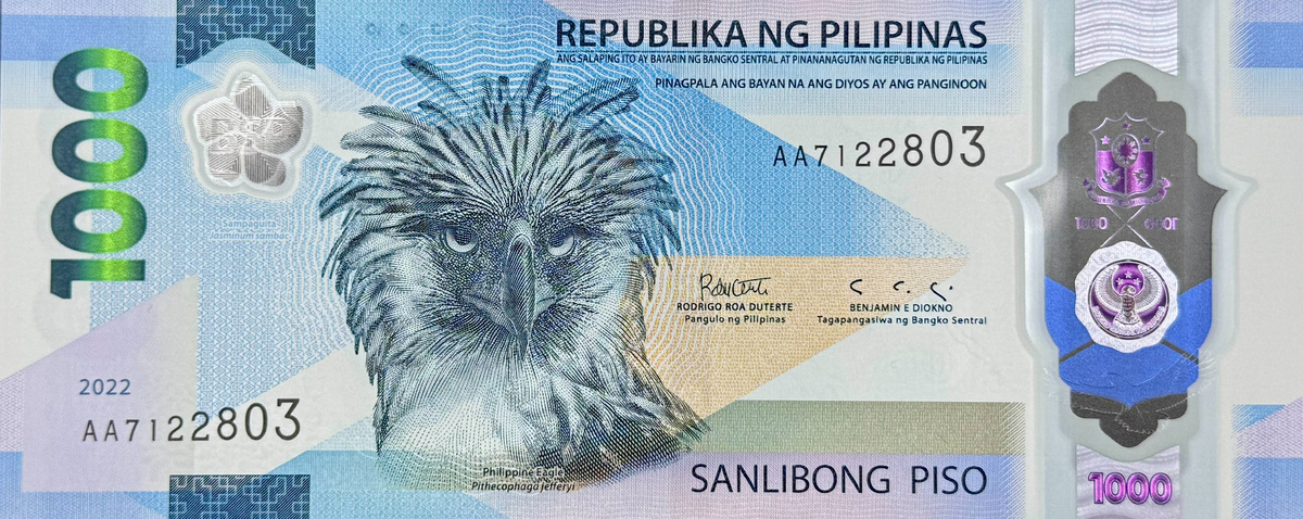 1000 песо лицевая сторона (филиппинский орел и цветок сампагита)
