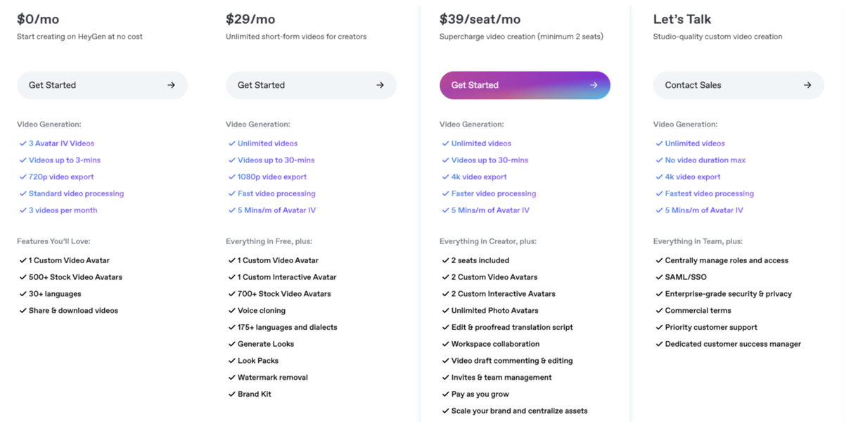 Print Screen с сайта https://www.heygen.com/pricing