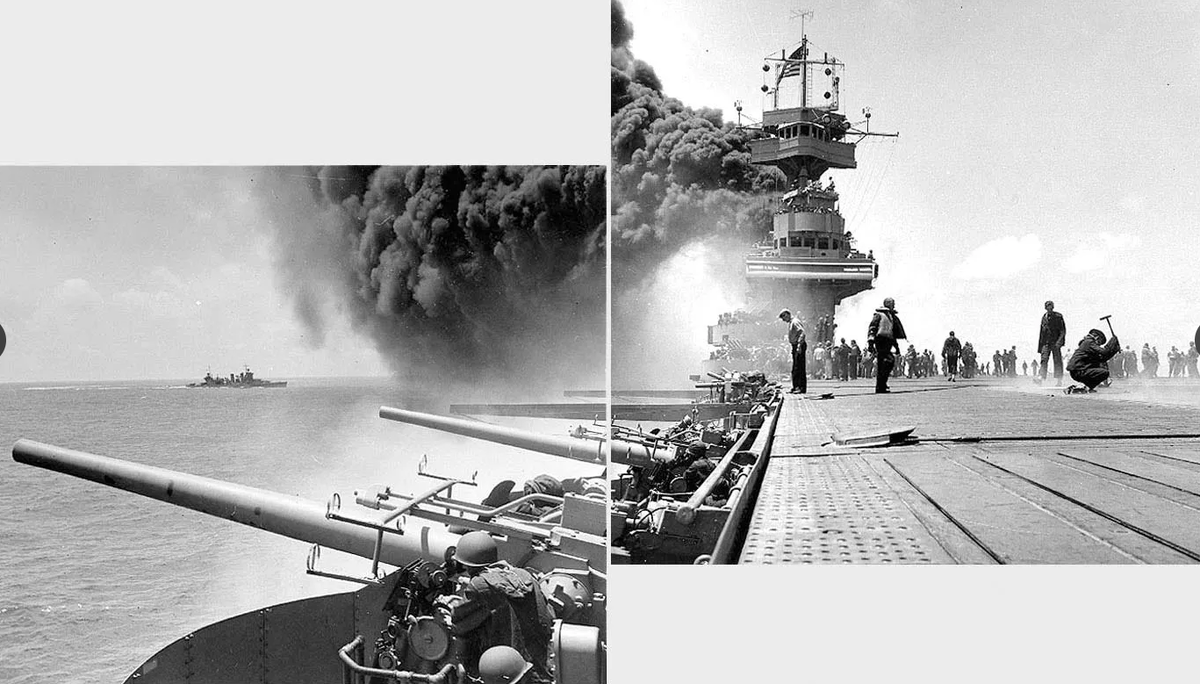 Битва за Мидуэй. Панорамное сочетание двух фотографий, изображающих битву за Мидуэй. USS «Йорктаун» (справа и на переднем плане) горит после попадания японских бомб, в то время как USS «Астория» (CA-34) проходит на заднем плане, 4 июня 1942 года.