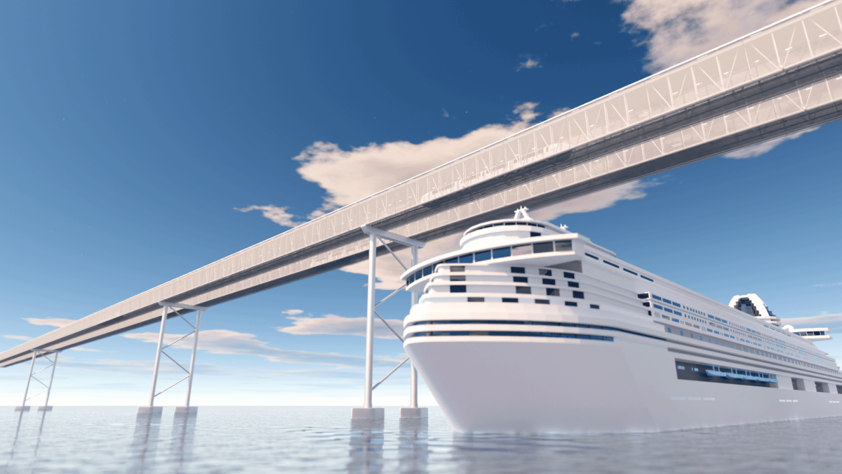    Трасса с длинными пролетами позволит организовать сообщение также на местности с активным судоходством / © Unitsky String Technologies Inc.