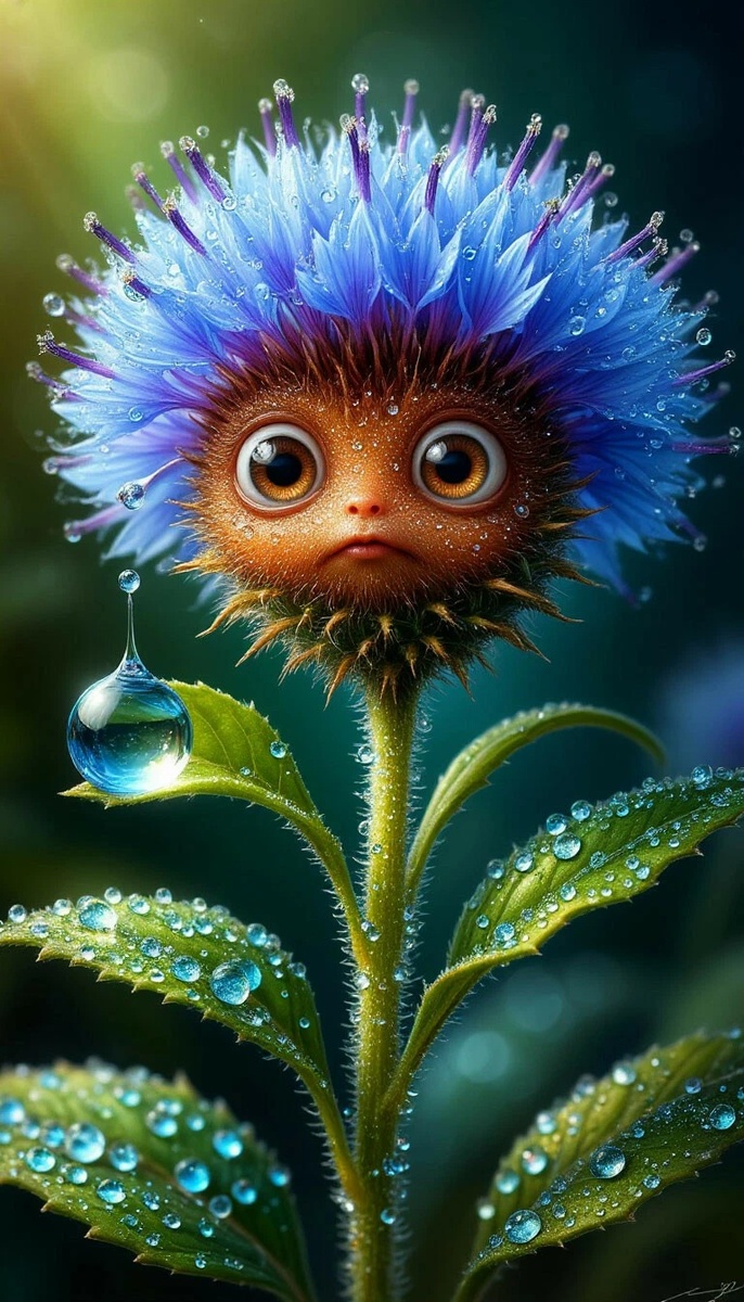 Василёк как в ладони держит капельку росы - цифровая живопись