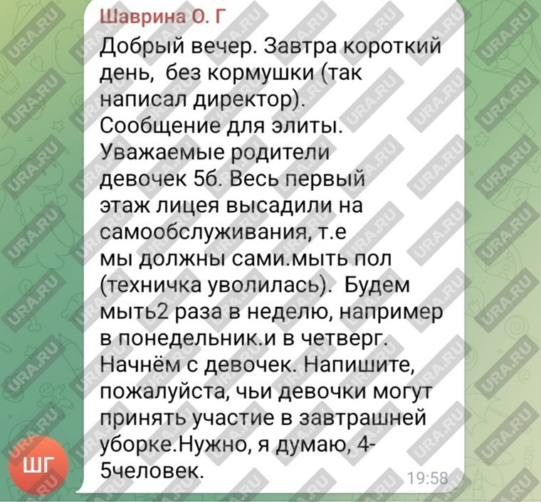 В родительском чате Лесниковского лицея сообщили о переводе этажа на «самообслуживание» после увольнения уборщицы. Фото: скрин предоставили родители учеников Лесниковского лицея