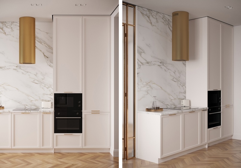 Кухня без навесных шкафов в дизайн-проекте квартиры на Кастанаевской