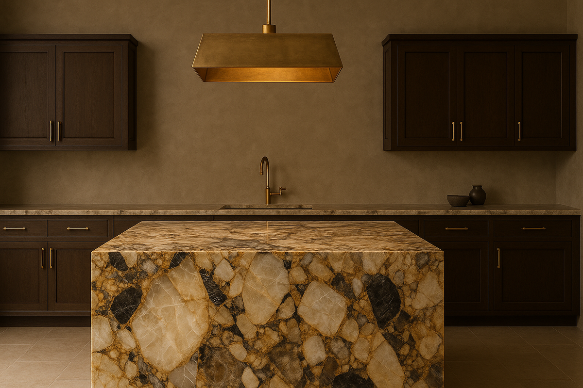 Кухня с островом из мрамора Patagonia, фурнитура – вручную патинированная латунь, стены – микробетон в серо-охристой гамме
