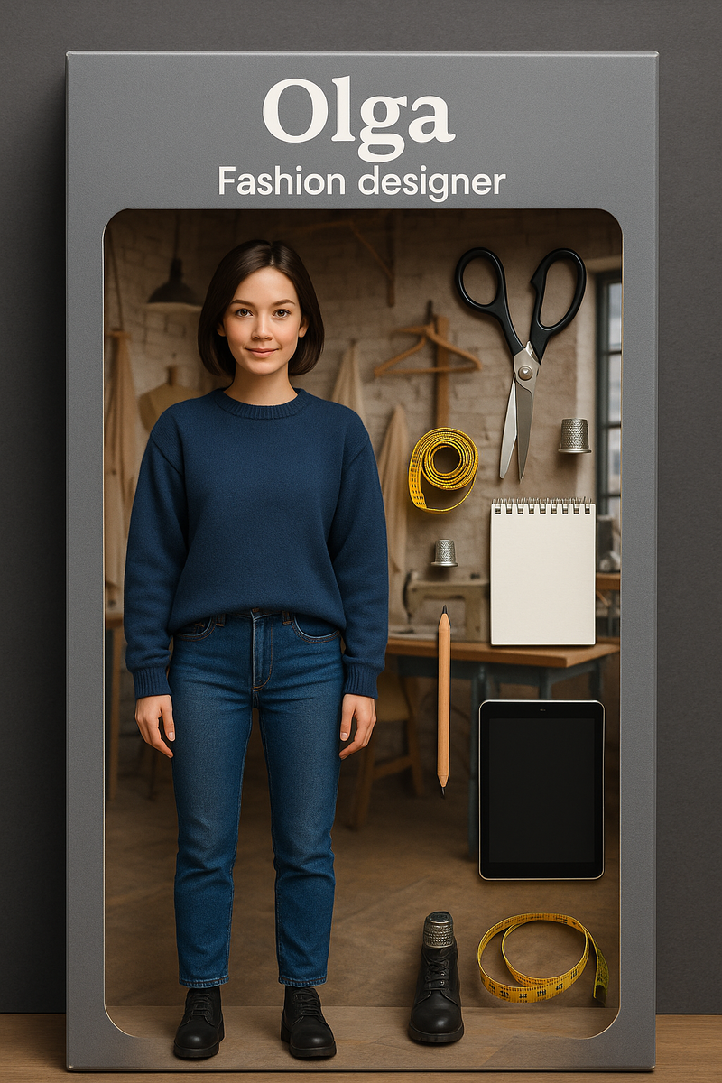 Добавили с ИИ фон в коробку с куклой в виде швейной мастерской