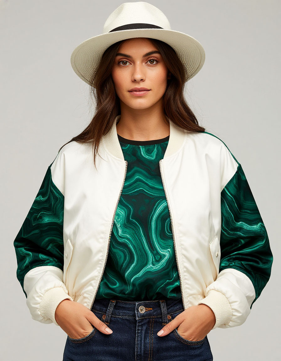 Образ девушки в бомбере с малахитовыми орнаментом на рукавах и шляпе  — сгенерирован нейросетью по моему запросу.