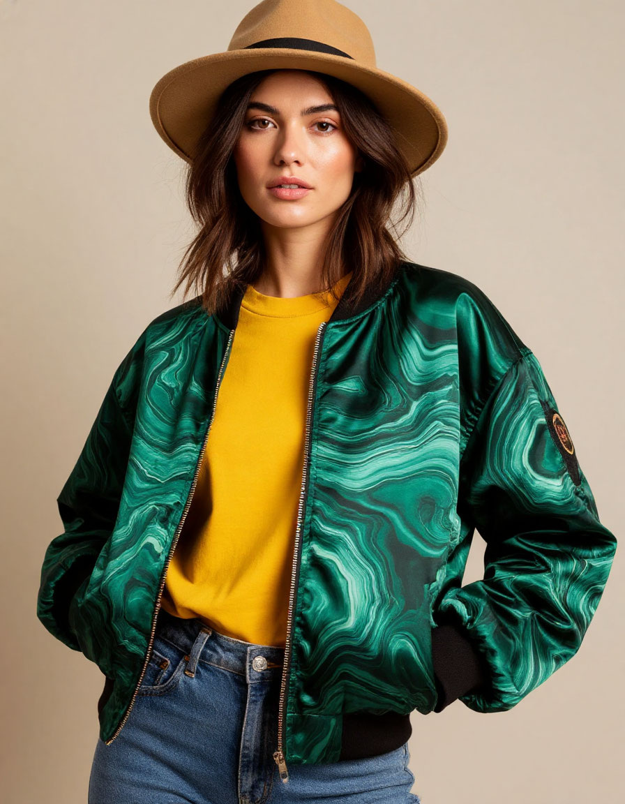 Образ девушки в бомбере с малахитовыми орнаментом и шляпе  — сгенерирован нейросетью по моему запросу.