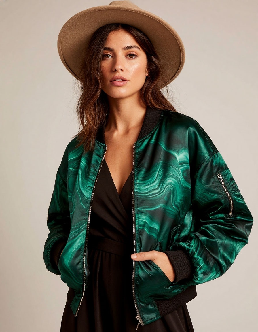 Образ девушки в бомбере с малахитовыми орнаментом и шляпе  — сгенерирован нейросетью по моему запросу.
