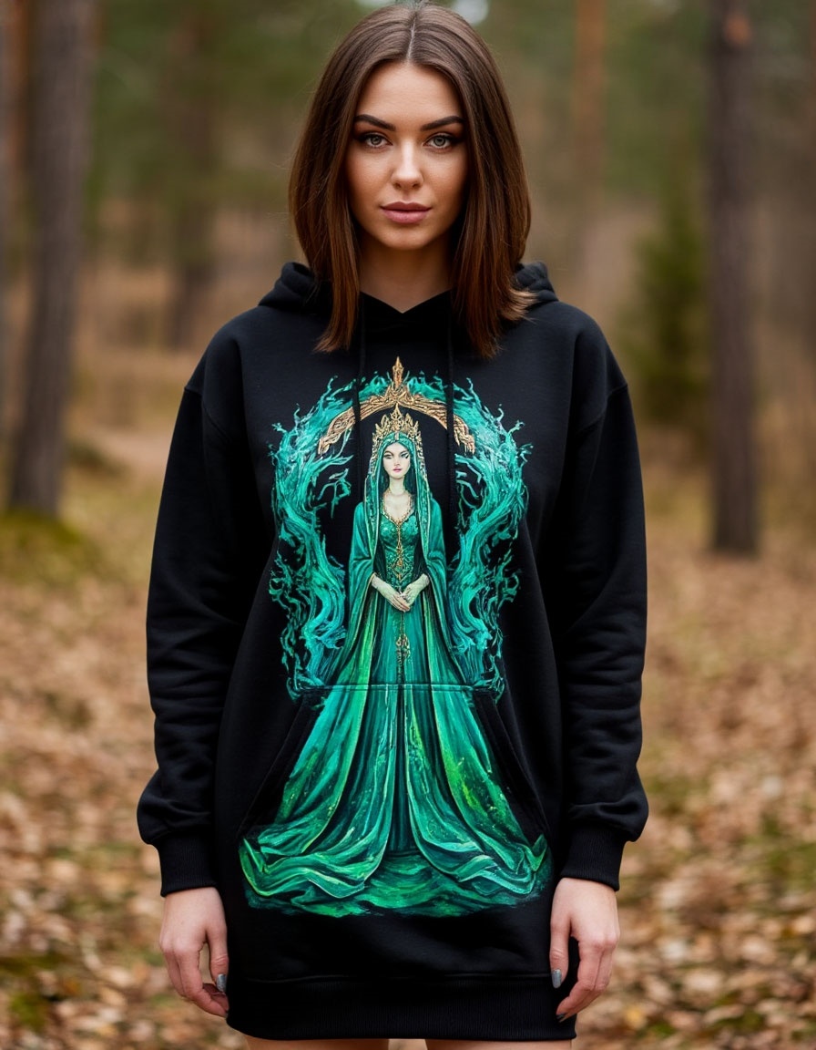 Образ девушки в худи с рисунком Хозяйки Медной горы — сгенерирован нейросетью по моему запросу.