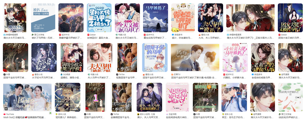 Обложки китайских романов, гда в названии есть фраза "马甲被扒了"