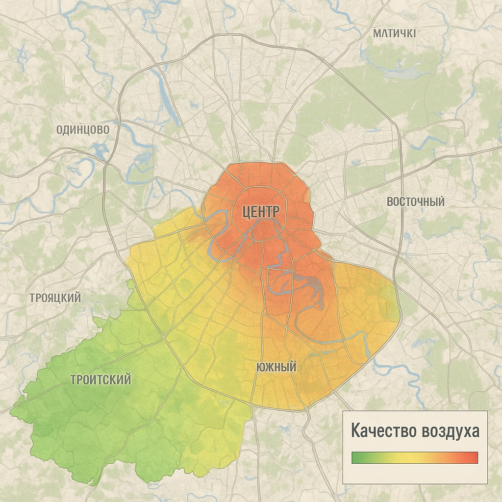 "Карта Москвы с цветовой индикацией качества воздуха, где зеленым выделены районы с самым чистым воздухом (Троицкий округ), а красным - с наиболее загрязненным (центр и ЮВАО). 