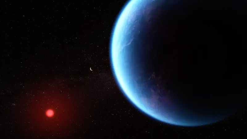 Рисунок художника, на котором представлена экзопланета K2-18b. Источник: NASA / ESA / CSA / Joseph Olmsted (STScI)