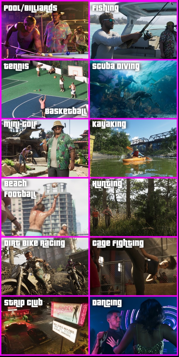 Занятия в GTA 6: бильярд, рыбалка, теннис, баскетбол, дайвинг, гольф, заплывы на байдарках, пляжный футбол, охота, гонки на байках, бои без правил, походы в стриптиз-клубы и дискотеки