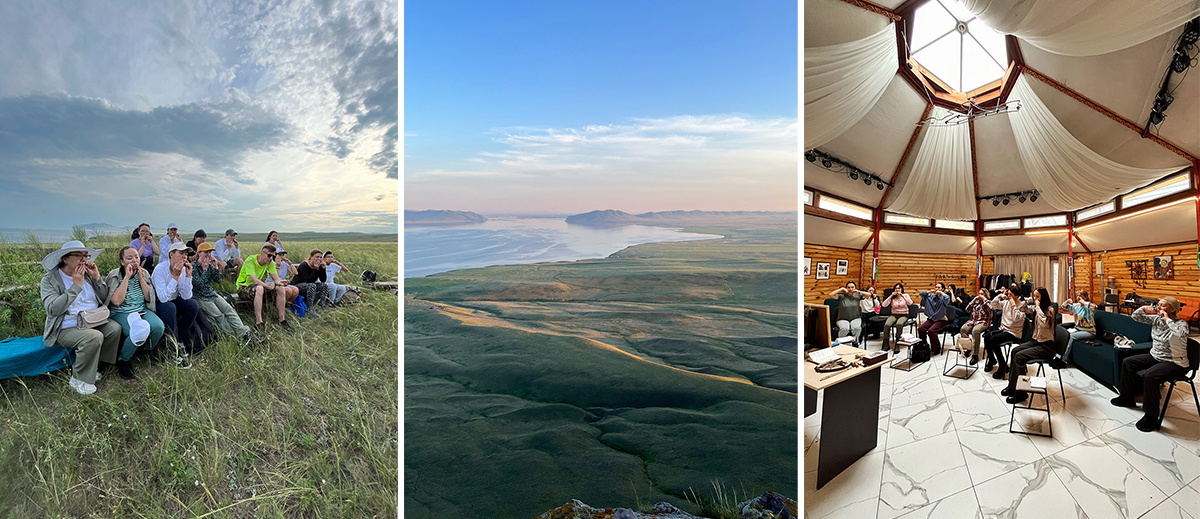 Слева: мастер-класс для новичков на участке «Оглахты» заповедника «Хакасский». В центре: вид с вершины хребта Оглахты на долину. Справа: ученики школы игры на тимiр-хомысе «Ойын» занимаются в юрте
Фото: Мария Окунева