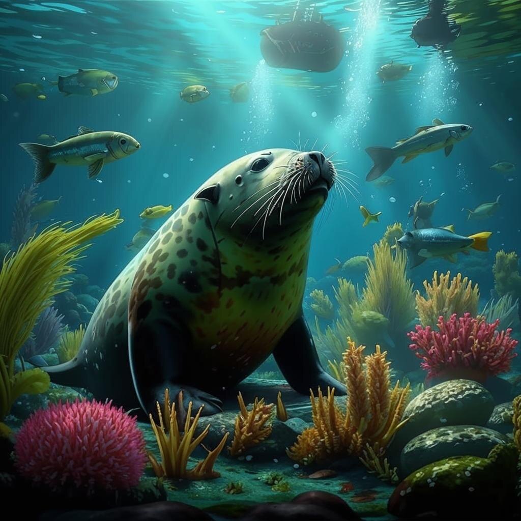 Тюлень ест рыбу, мелкую морскую фауну и водоросли.