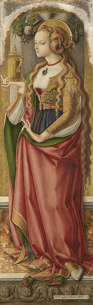 Карло Кривелли. "Мария Магдалина", ок. 1480 г. Роскошно одетая, как и положено блуднице, Магдалина с длинными распущенными волосами держит в руках сосуд с благовониями.