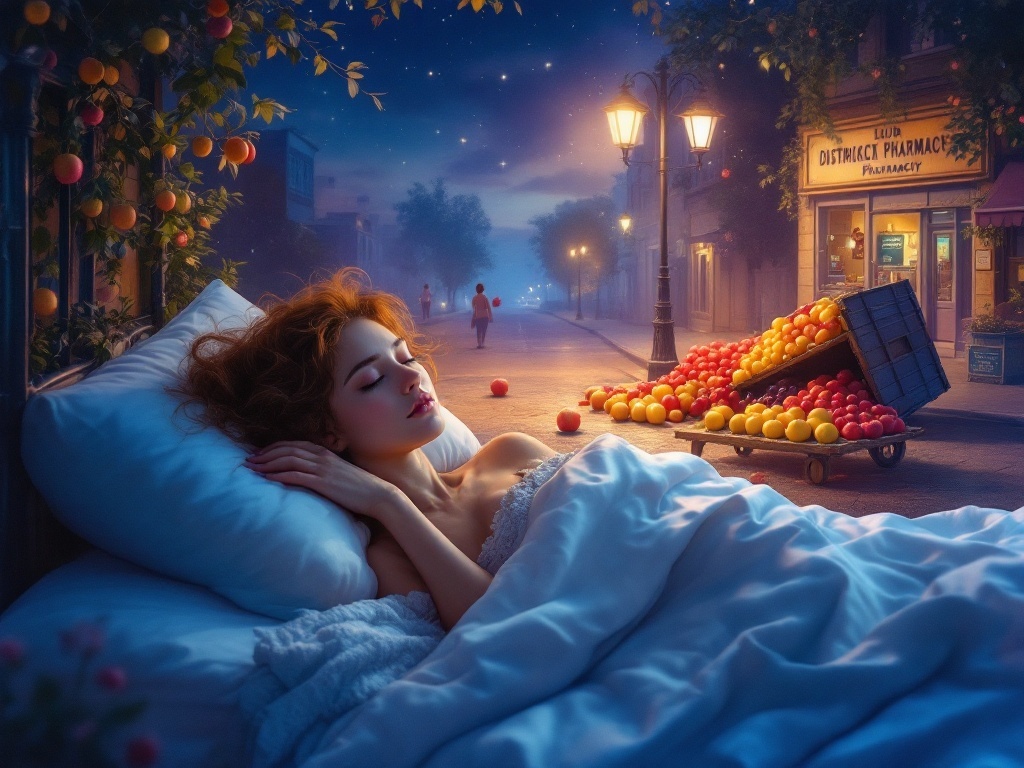    К чему такое снится: На картине изображена уличная сцена с прилавком, где я расставляю желтые и красные яблоки. Рядом стоит перевернутая телега с фруктами на другой стороне дороги, напро