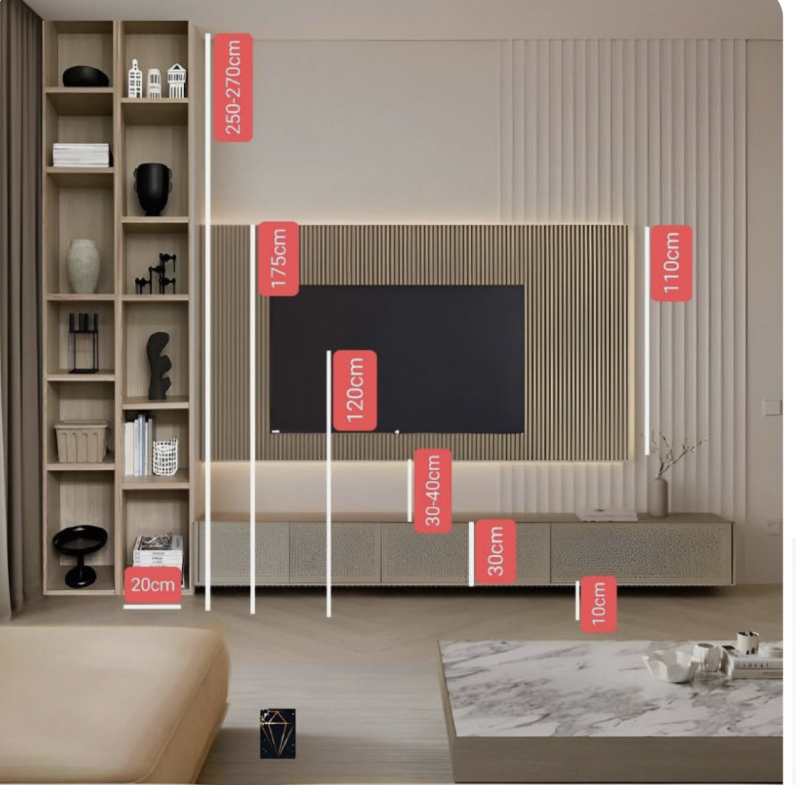 
1. Расстояние телевизора:
Оптимальное расстояние от зрителя до экрана составляет примерно 2-2,5  метра. В данном случае диагональ телевизора составляет примерно 120 см, поэтому расстояние должно быть около 200-300 см.

2. Высота установки телевизора: Телевизор должен быть установлен на уровне глаз сидящего зрителя. В данном случае телевизор установлен на высоте 110 см от пола, что является хорошим вариантом.

3.Акустика: Если у вас есть аудиосистема, убедитесь, что колонки расположены так, чтобы звук равномерно распределялся по комнате.

4.Подвесная тумба:
Эстетический вид. Подвесные тумбы часто имеют современный и стильный дизайн, который может стать украшением интерьера. Они могут быть выполнены из различных материалов, таких как дерево, стекло или металл, что позволяет подобрать тумбу под любой стиль комнаты.
Легкость уборки: Подвесная тумба облегчает уборку под телевизором, так как нет необходимости передвигать тяжелую мебель. Это особенно удобно для поддержания чистоты в доме.
Лучше всего установить на расстоянии 10 см от пола, для удобной уборки под ней. 

Следуя этим рекомендациям, вы сможете создать комфортную и функциональную смотровую зону в вашей гостиной.