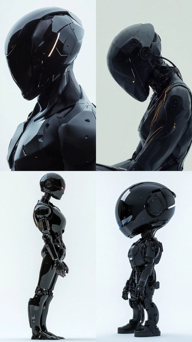A robot with black colors, simple background, 3D rendering, futuristic style, sci-fi feel, cool tones, high resolution, portrait lens. The robot is positioned on its side, facing forward in profile, in . --ar 9:16