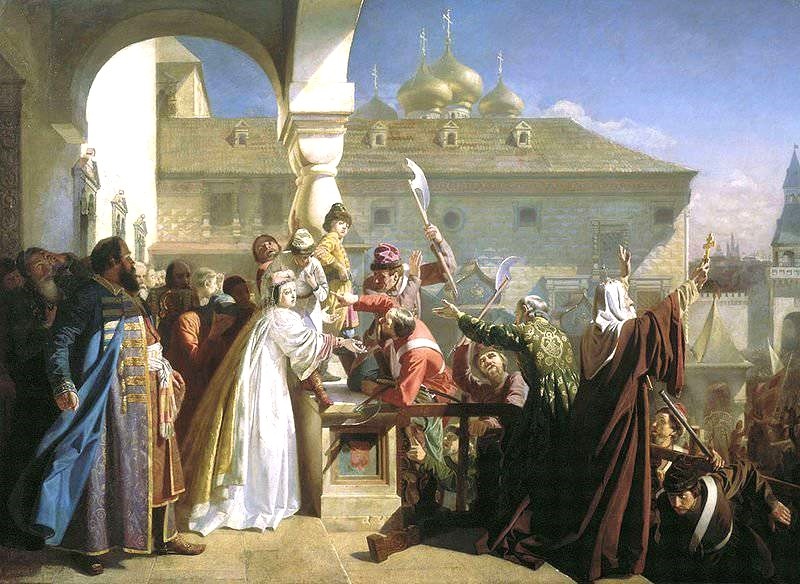 Стрелецкий бунт. Царица Наталья Кирилловна показывает царевича Ивана стрельцам. Худ. Н.Д. Дмитриев-Оренбургский.