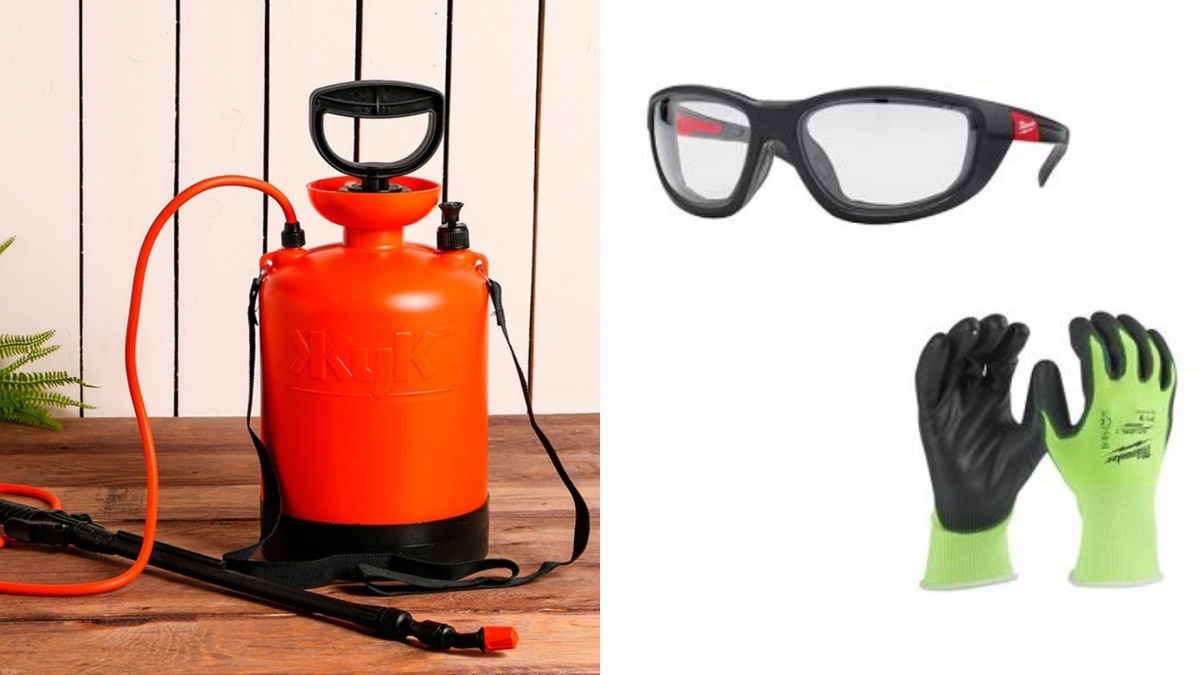 Готовлю чистый опрыскиватель на 5 литров, защитные перчатки и очки. 