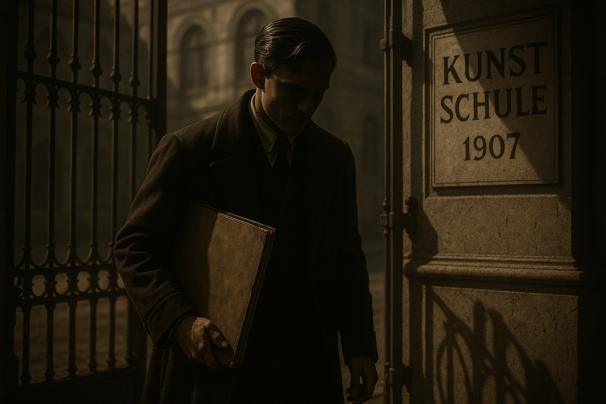Юноша в начале XX века у входа в Венскую академию. Судьбоносный момент перед отказом.

